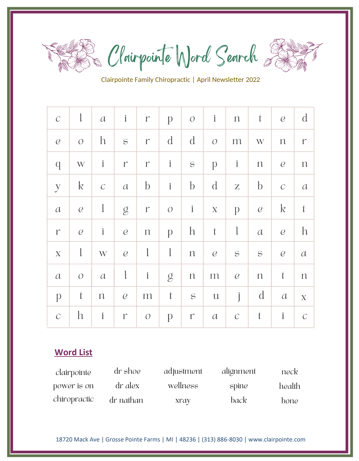 Clairpointe Word Search 